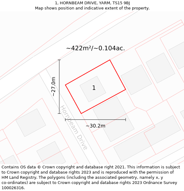 1, HORNBEAM DRIVE, YARM, TS15 9BJ: Plot and title map