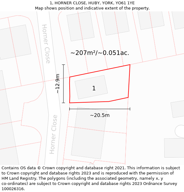 1, HORNER CLOSE, HUBY, YORK, YO61 1YE: Plot and title map