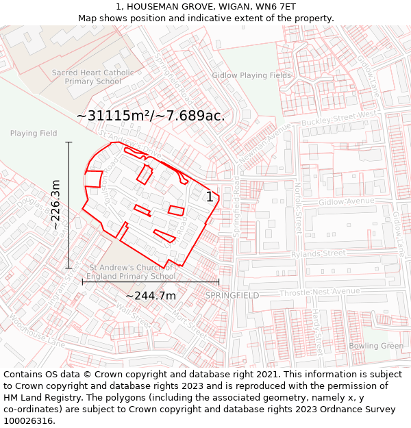 1, HOUSEMAN GROVE, WIGAN, WN6 7ET: Plot and title map