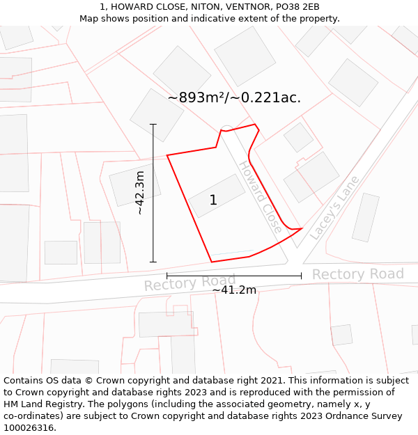 1, HOWARD CLOSE, NITON, VENTNOR, PO38 2EB: Plot and title map