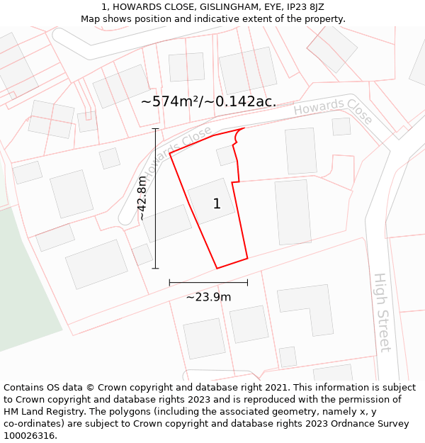 1, HOWARDS CLOSE, GISLINGHAM, EYE, IP23 8JZ: Plot and title map