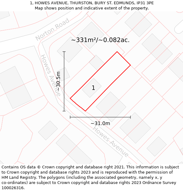 1, HOWES AVENUE, THURSTON, BURY ST. EDMUNDS, IP31 3PE: Plot and title map