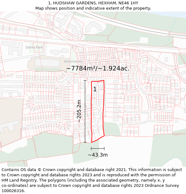 1, HUDSHAW GARDENS, HEXHAM, NE46 1HY: Plot and title map