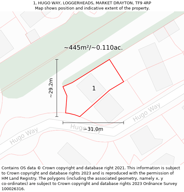 1, HUGO WAY, LOGGERHEADS, MARKET DRAYTON, TF9 4RP: Plot and title map