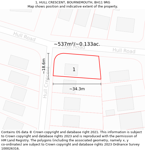 1, HULL CRESCENT, BOURNEMOUTH, BH11 9RG: Plot and title map