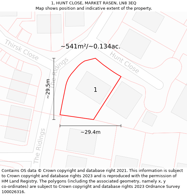 1, HUNT CLOSE, MARKET RASEN, LN8 3EQ: Plot and title map