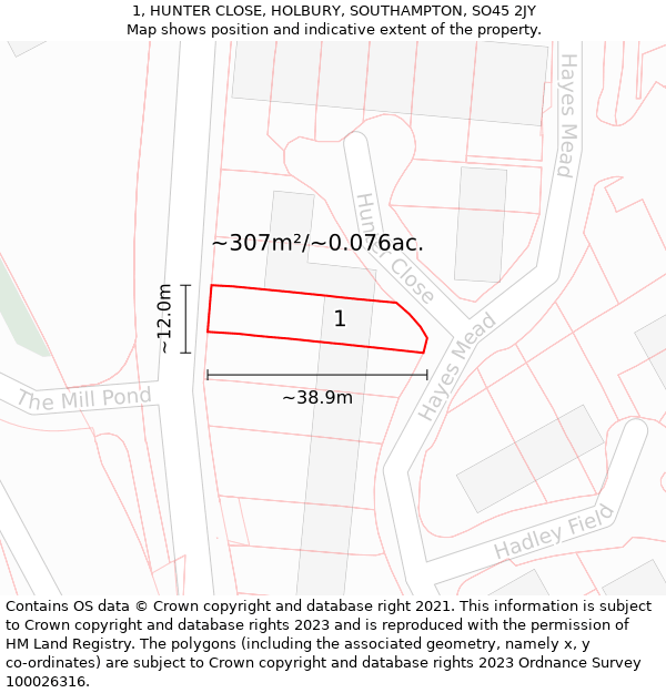 1, HUNTER CLOSE, HOLBURY, SOUTHAMPTON, SO45 2JY: Plot and title map