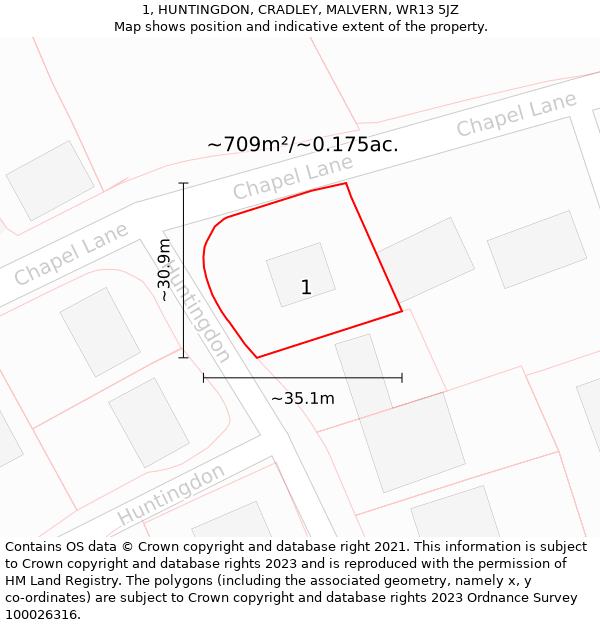 1, HUNTINGDON, CRADLEY, MALVERN, WR13 5JZ: Plot and title map