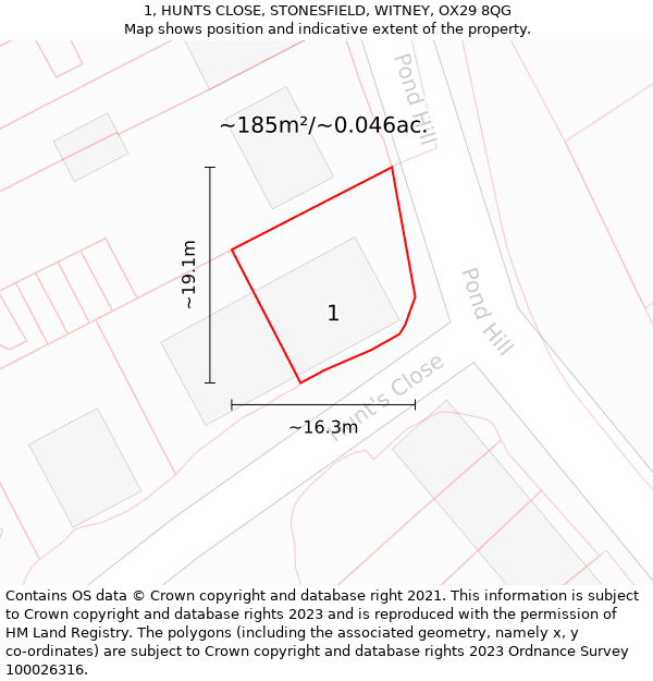 1, HUNTS CLOSE, STONESFIELD, WITNEY, OX29 8QG: Plot and title map