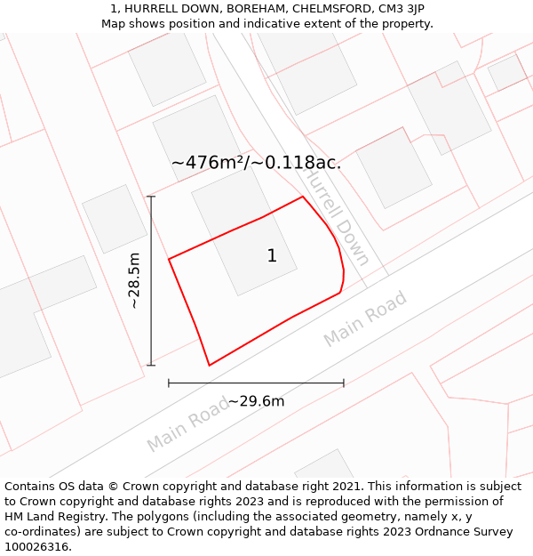 1, HURRELL DOWN, BOREHAM, CHELMSFORD, CM3 3JP: Plot and title map