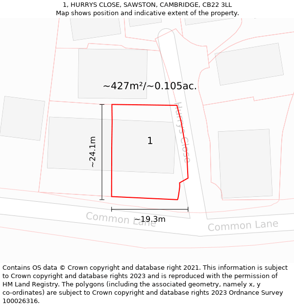 1, HURRYS CLOSE, SAWSTON, CAMBRIDGE, CB22 3LL: Plot and title map