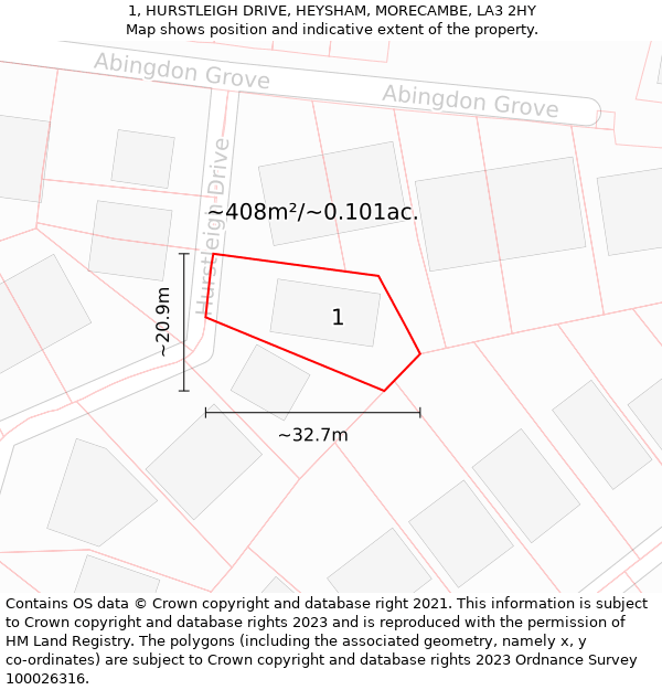 1, HURSTLEIGH DRIVE, HEYSHAM, MORECAMBE, LA3 2HY: Plot and title map