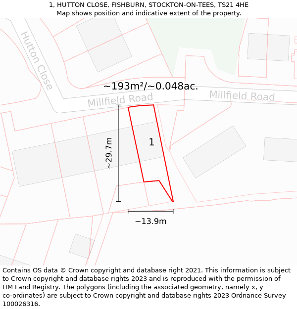 1, HUTTON CLOSE, FISHBURN, STOCKTON-ON-TEES, TS21 4HE: Plot and title map