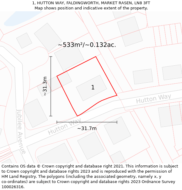 1, HUTTON WAY, FALDINGWORTH, MARKET RASEN, LN8 3FT: Plot and title map