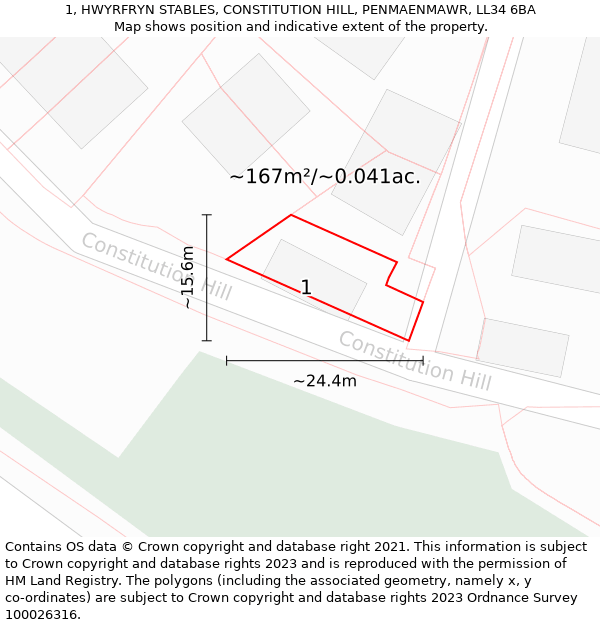 1, HWYRFRYN STABLES, CONSTITUTION HILL, PENMAENMAWR, LL34 6BA: Plot and title map