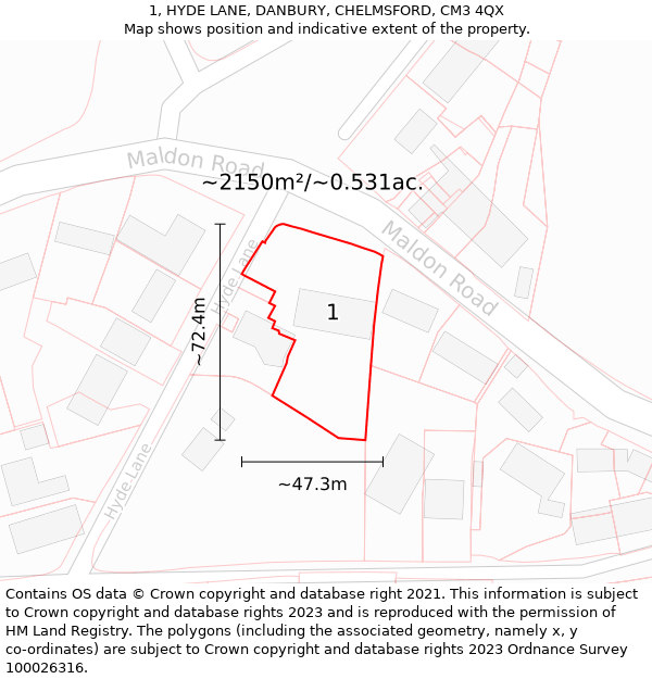 1, HYDE LANE, DANBURY, CHELMSFORD, CM3 4QX: Plot and title map