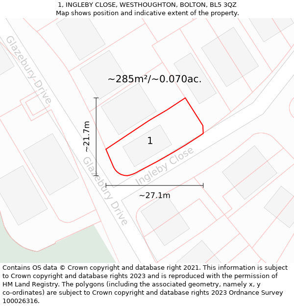 1, INGLEBY CLOSE, WESTHOUGHTON, BOLTON, BL5 3QZ: Plot and title map