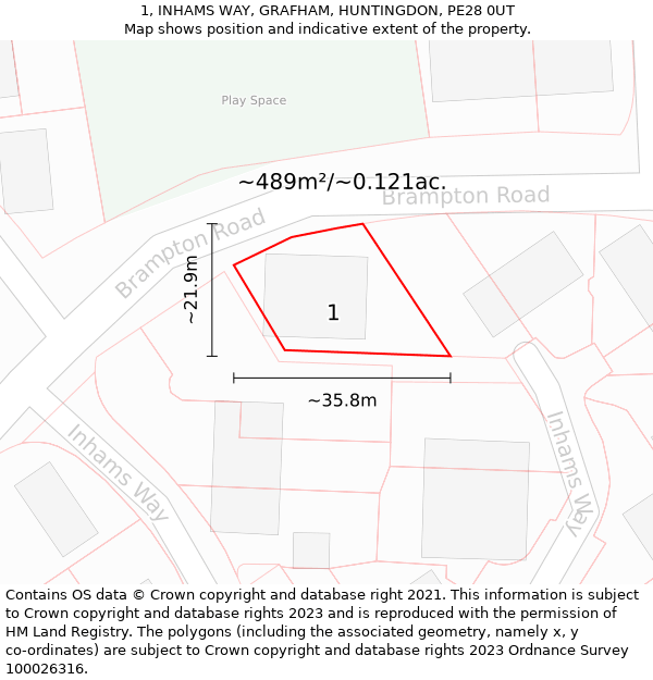 1, INHAMS WAY, GRAFHAM, HUNTINGDON, PE28 0UT: Plot and title map