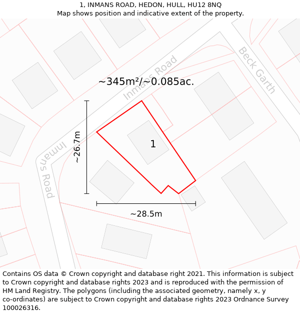 1, INMANS ROAD, HEDON, HULL, HU12 8NQ: Plot and title map