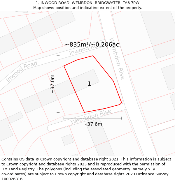 1, INWOOD ROAD, WEMBDON, BRIDGWATER, TA6 7PW: Plot and title map