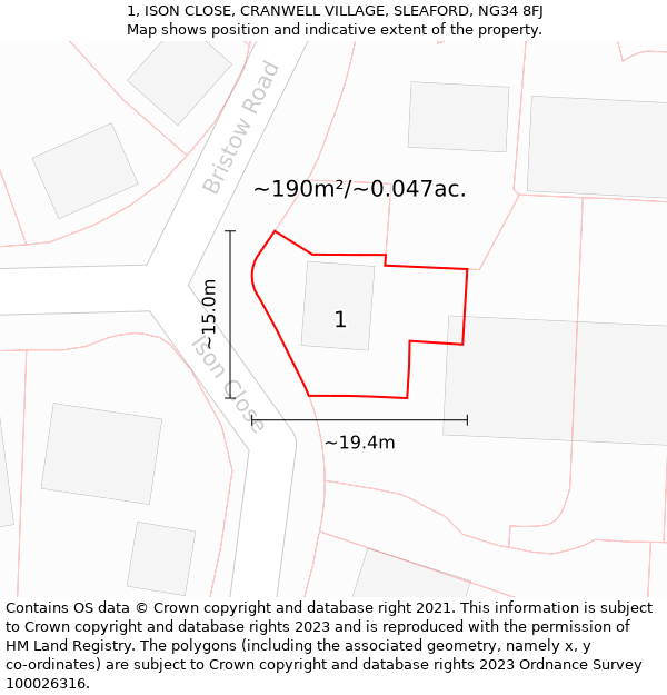 1, ISON CLOSE, CRANWELL VILLAGE, SLEAFORD, NG34 8FJ: Plot and title map