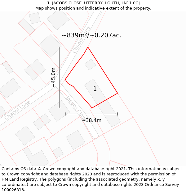 1, JACOBS CLOSE, UTTERBY, LOUTH, LN11 0GJ: Plot and title map