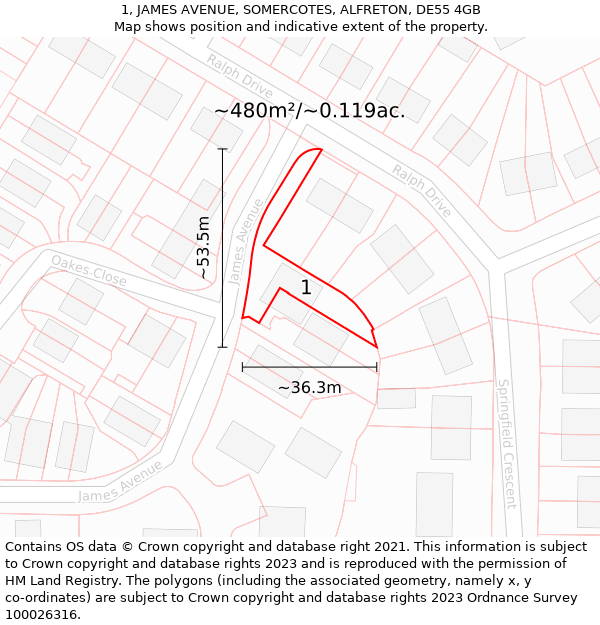 1, JAMES AVENUE, SOMERCOTES, ALFRETON, DE55 4GB: Plot and title map