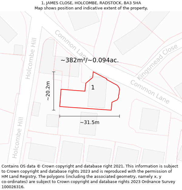 1, JAMES CLOSE, HOLCOMBE, RADSTOCK, BA3 5HA: Plot and title map