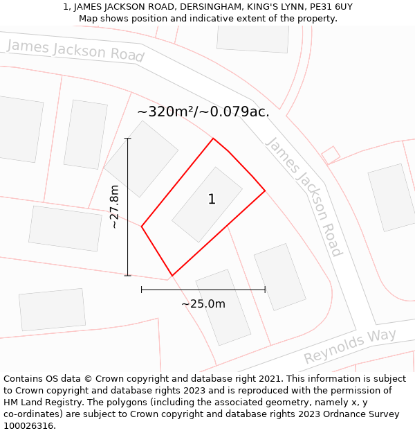 1, JAMES JACKSON ROAD, DERSINGHAM, KING'S LYNN, PE31 6UY: Plot and title map