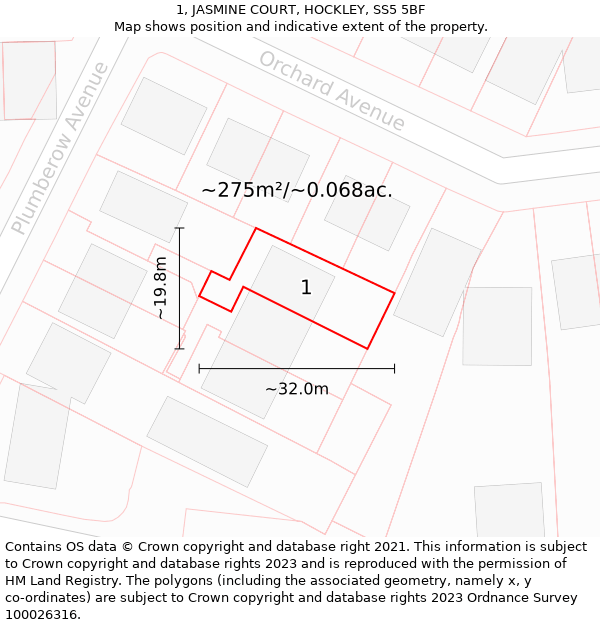 1, JASMINE COURT, HOCKLEY, SS5 5BF: Plot and title map