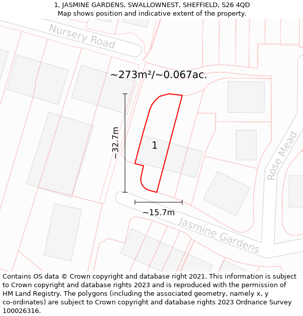 1, JASMINE GARDENS, SWALLOWNEST, SHEFFIELD, S26 4QD: Plot and title map