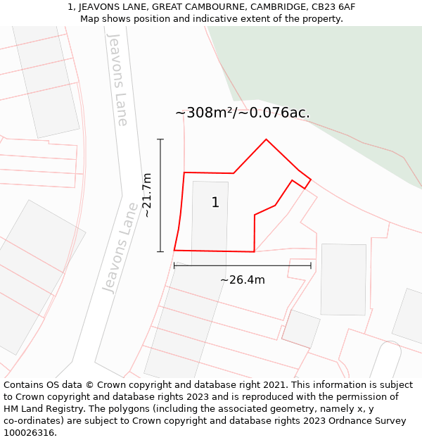 1, JEAVONS LANE, GREAT CAMBOURNE, CAMBRIDGE, CB23 6AF: Plot and title map