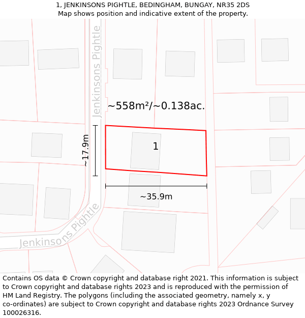 1, JENKINSONS PIGHTLE, BEDINGHAM, BUNGAY, NR35 2DS: Plot and title map