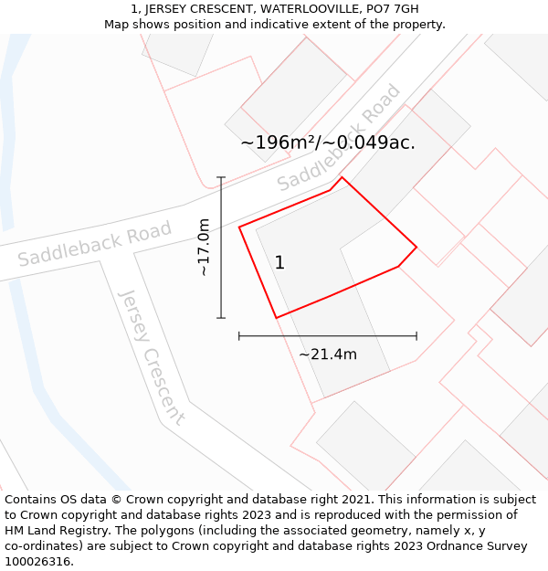 1, JERSEY CRESCENT, WATERLOOVILLE, PO7 7GH: Plot and title map