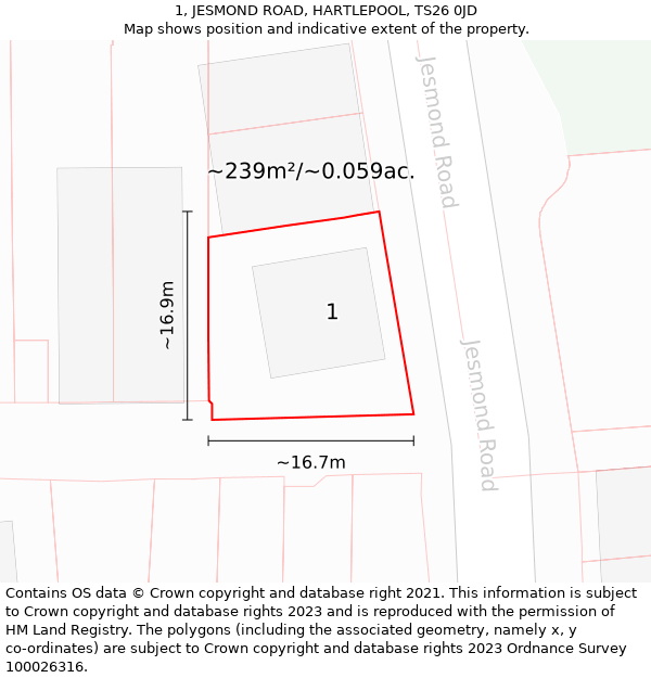 1, JESMOND ROAD, HARTLEPOOL, TS26 0JD: Plot and title map