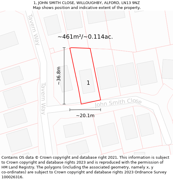 1, JOHN SMITH CLOSE, WILLOUGHBY, ALFORD, LN13 9NZ: Plot and title map