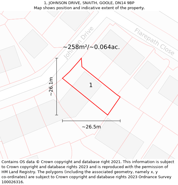 1, JOHNSON DRIVE, SNAITH, GOOLE, DN14 9BP: Plot and title map