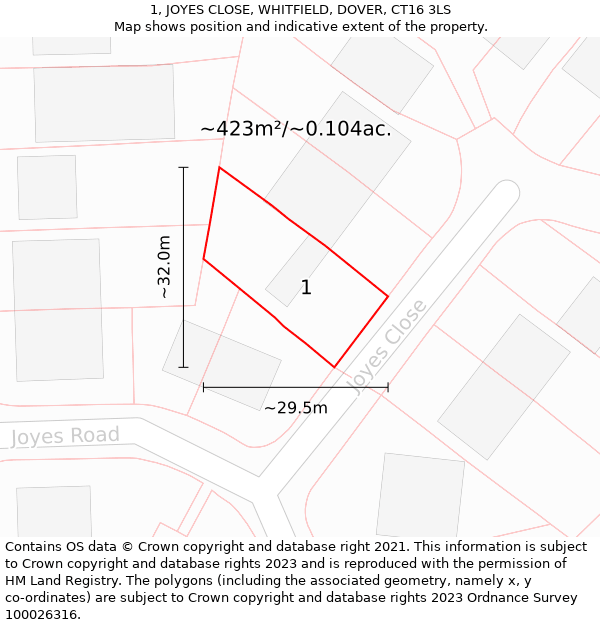 1, JOYES CLOSE, WHITFIELD, DOVER, CT16 3LS: Plot and title map