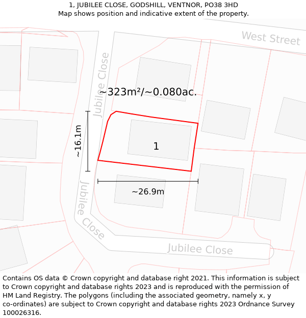 1, JUBILEE CLOSE, GODSHILL, VENTNOR, PO38 3HD: Plot and title map