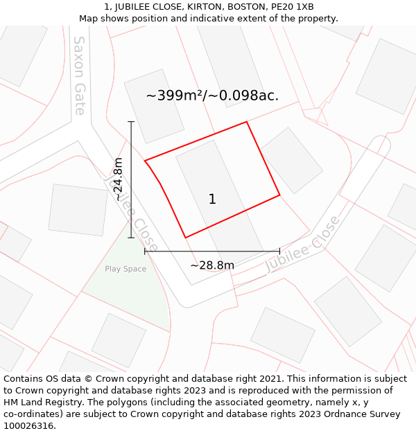 1, JUBILEE CLOSE, KIRTON, BOSTON, PE20 1XB: Plot and title map