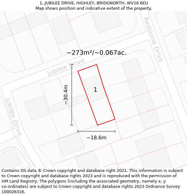 1, JUBILEE DRIVE, HIGHLEY, BRIDGNORTH, WV16 6EU: Plot and title map