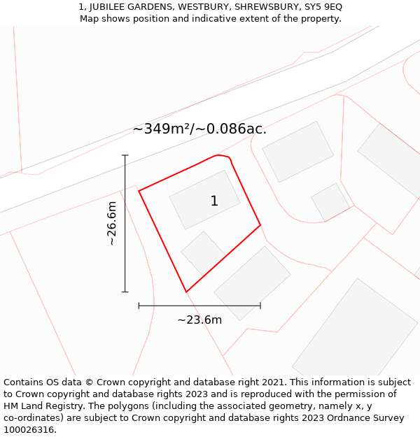 1, JUBILEE GARDENS, WESTBURY, SHREWSBURY, SY5 9EQ: Plot and title map