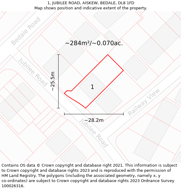 1, JUBILEE ROAD, AISKEW, BEDALE, DL8 1FD: Plot and title map