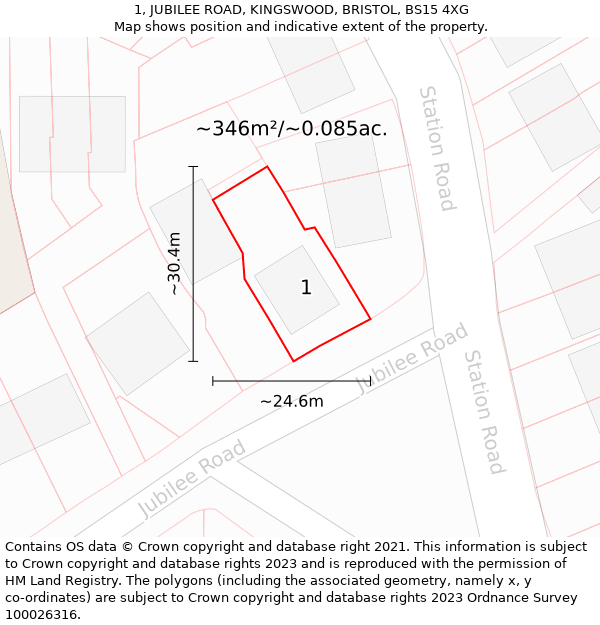 1, JUBILEE ROAD, KINGSWOOD, BRISTOL, BS15 4XG: Plot and title map