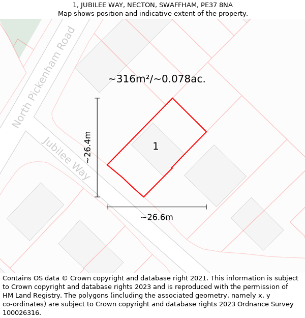 1, JUBILEE WAY, NECTON, SWAFFHAM, PE37 8NA: Plot and title map