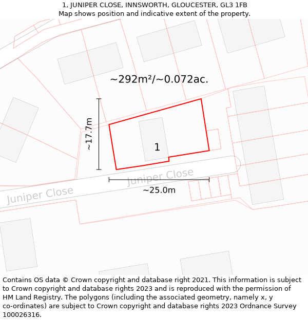 1, JUNIPER CLOSE, INNSWORTH, GLOUCESTER, GL3 1FB: Plot and title map