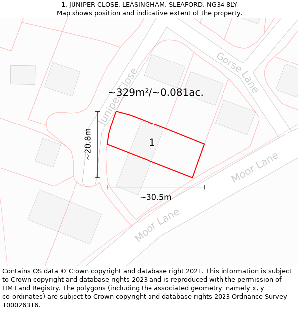 1, JUNIPER CLOSE, LEASINGHAM, SLEAFORD, NG34 8LY: Plot and title map