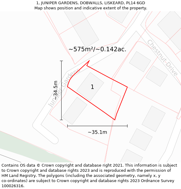 1, JUNIPER GARDENS, DOBWALLS, LISKEARD, PL14 6GD: Plot and title map