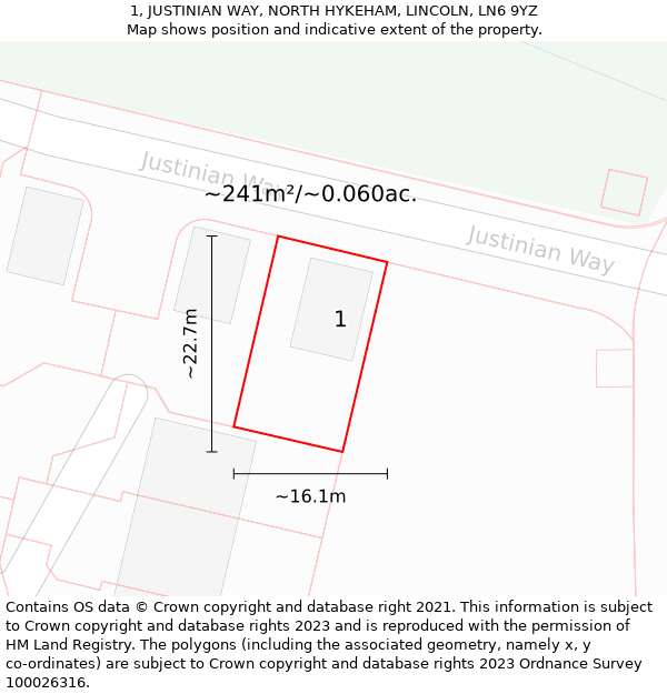 1, JUSTINIAN WAY, NORTH HYKEHAM, LINCOLN, LN6 9YZ: Plot and title map