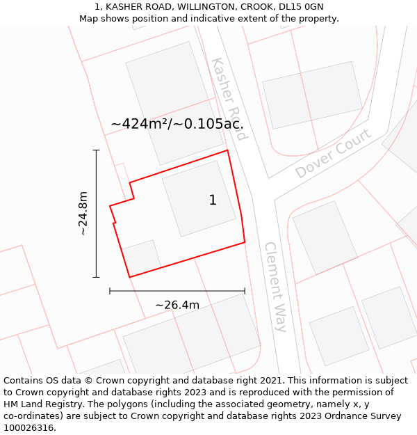 1, KASHER ROAD, WILLINGTON, CROOK, DL15 0GN: Plot and title map